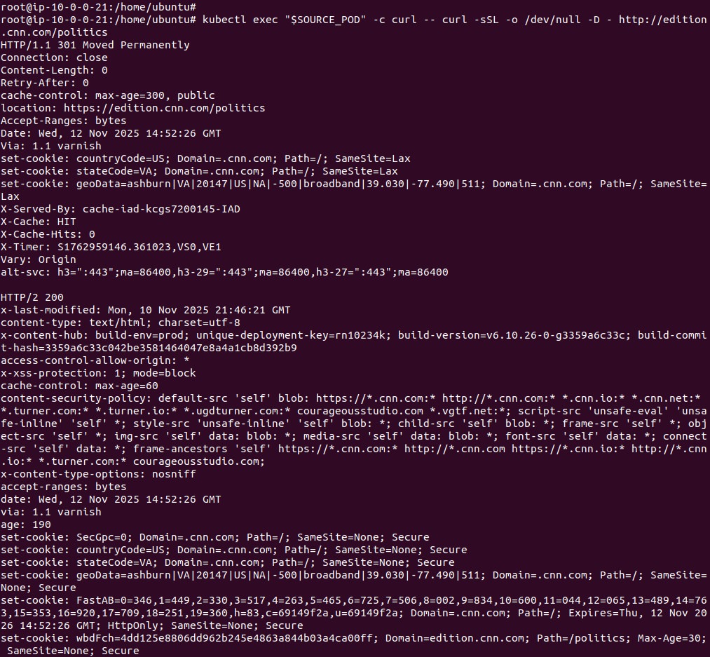 Output of a request to edition.cnn.com from the client pod