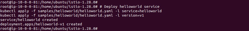 Output of deploying the helloworld service and v1 deployment