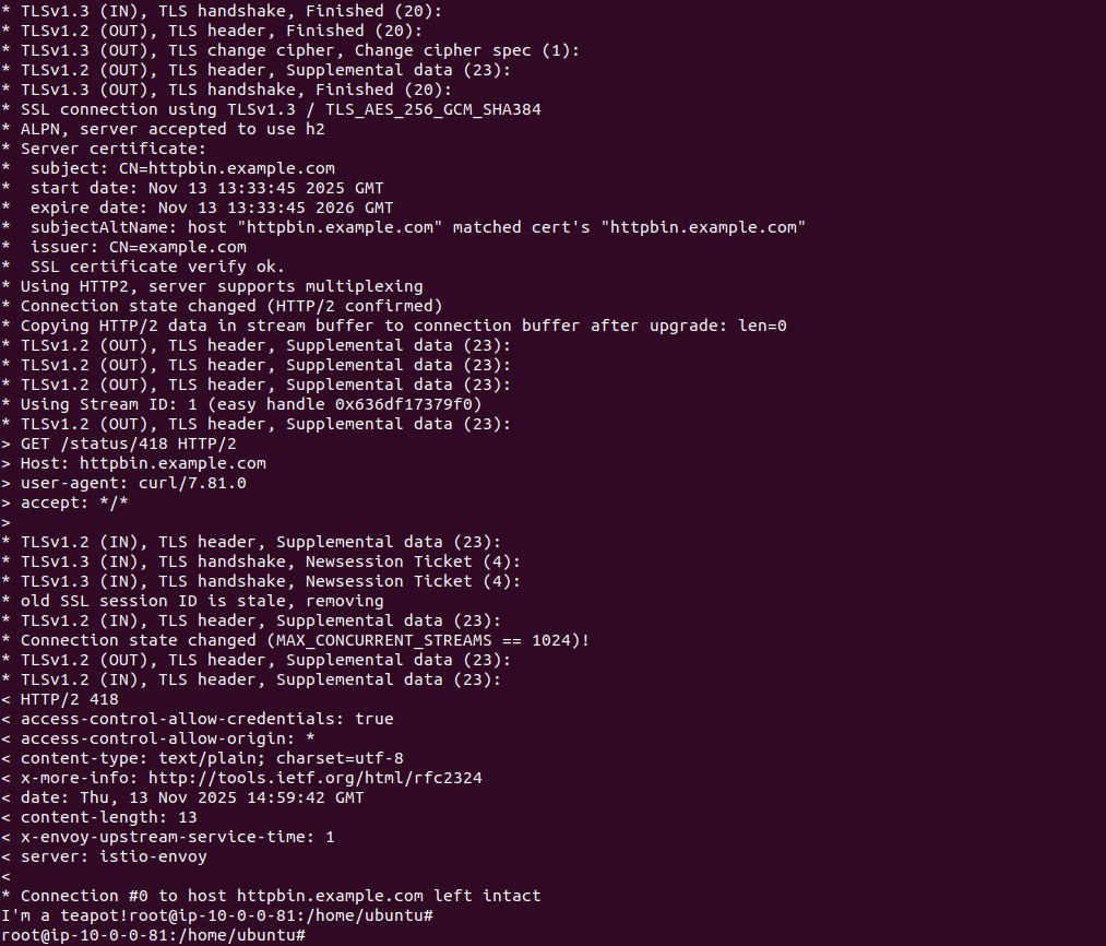 curl output showing HTTP 418 teapot response from httpbin over TLS