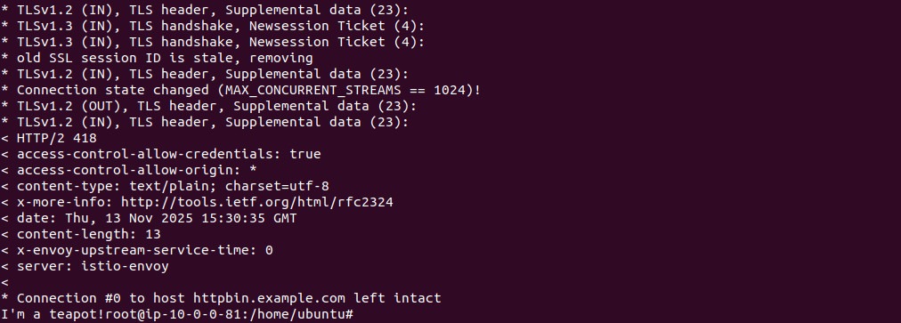 curl output showing HTTP 418 after mutual TLS with client certificate