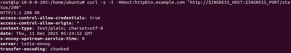 curl output showing HTTP 200 OK through the Kubernetes Ingress