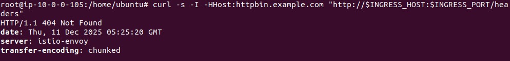 curl output showing HTTP 404 Not Found through the Kubernetes Ingress
