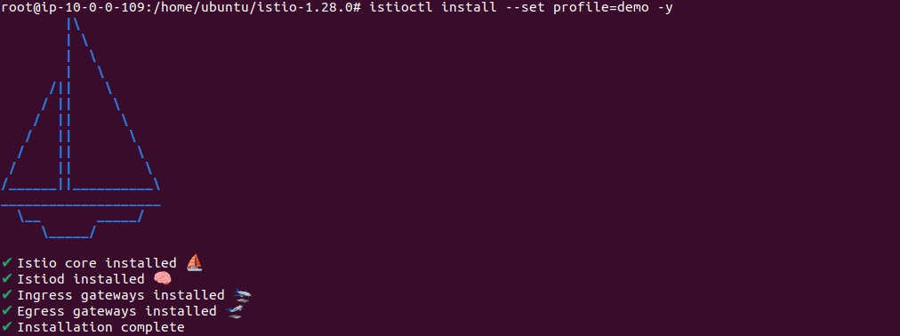 Output of installing Istio with the demo profile