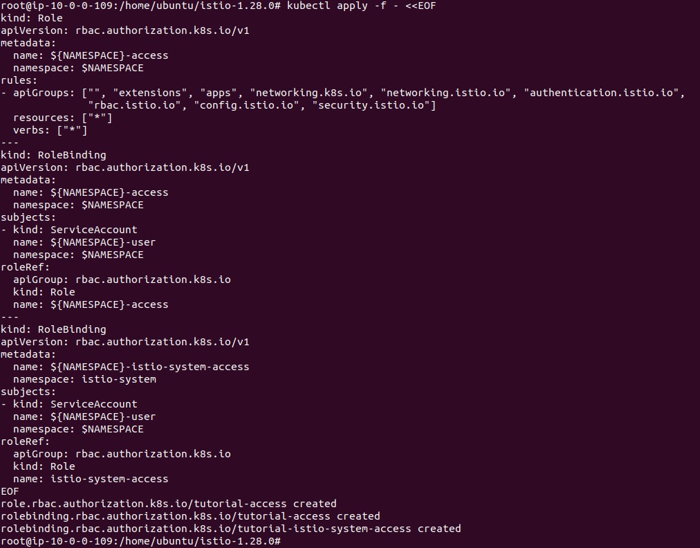 Output of creating the namespace Role and RoleBindings