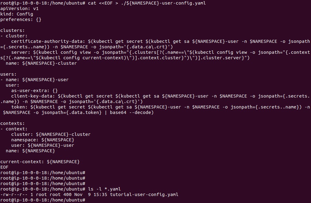 Output of generating the user kubeconfig file