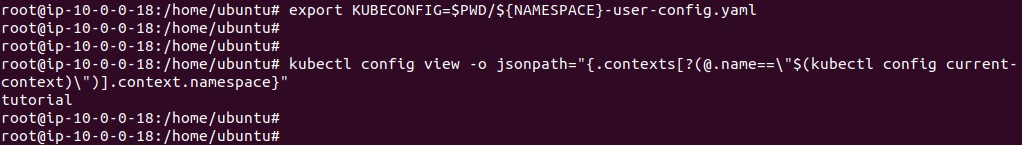 Output of using the kubeconfig file to check the current namespace