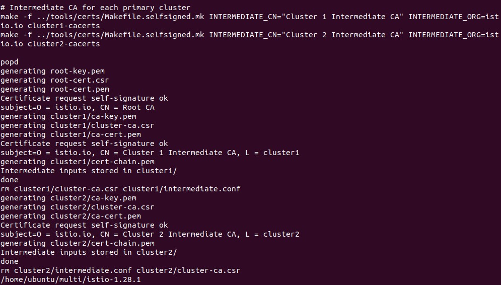 Output of generating the root and intermediate CA certificates