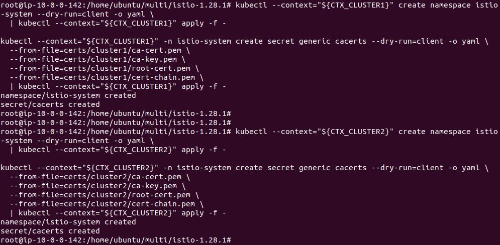 Output of creating the cacerts secrets in both clusters