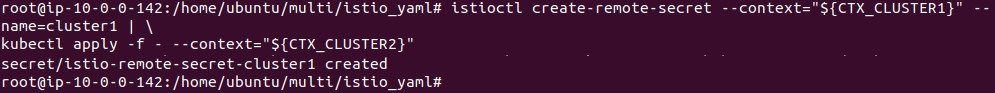 Output of creating the cluster1 remote secret in cluster2