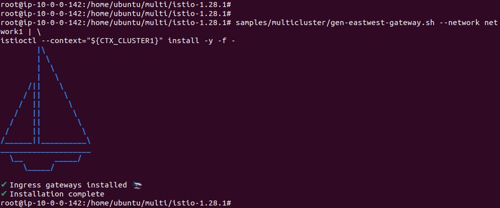 Output of installing the east-west gateway in cluster1