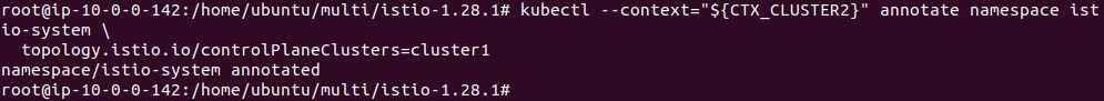 Output of annotating the istio-system namespace in cluster2