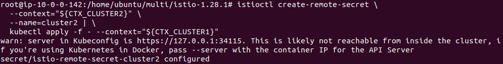 Output of creating the cluster2 remote secret for the primary cluster