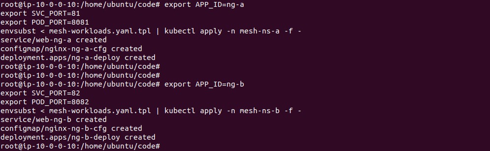 Output of deploying the ng-a and ng-b workloads
