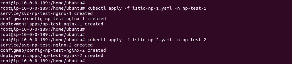 Output of applying the istio-np manifests