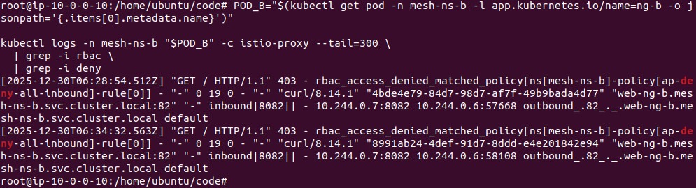 Output of the istio-proxy logs showing RBAC denials