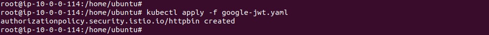 Output of applying the JWT authorization policy