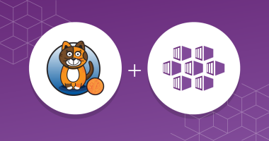 Illustration of an orange calico cat next to the purple Microsoft AKS logo in front of a purple background